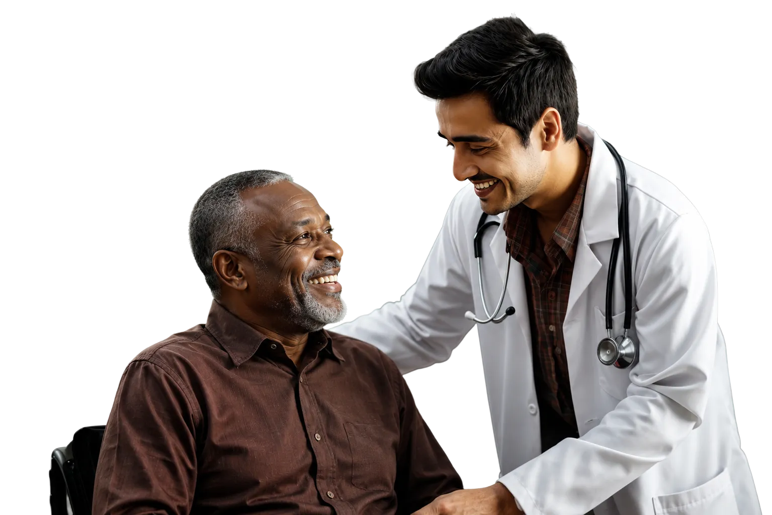 Médico conversando com paciente sorridente