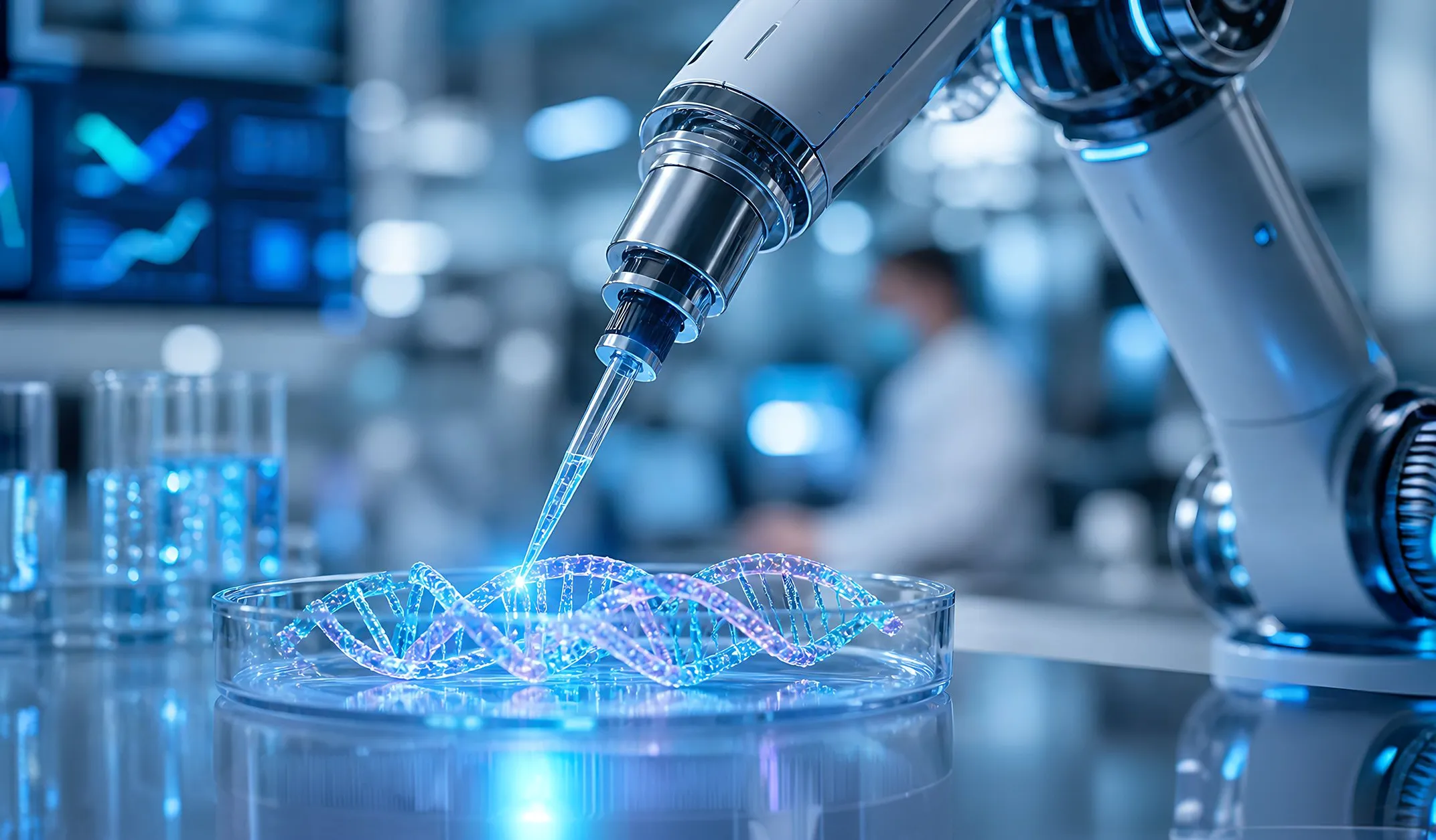Pipeta de laboratório depositando amostra sobre representação de dupla hélice de DNA
